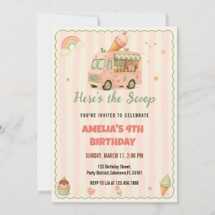 Cute Pink Watercolor Ice Cream Truck Birthday Invitation
