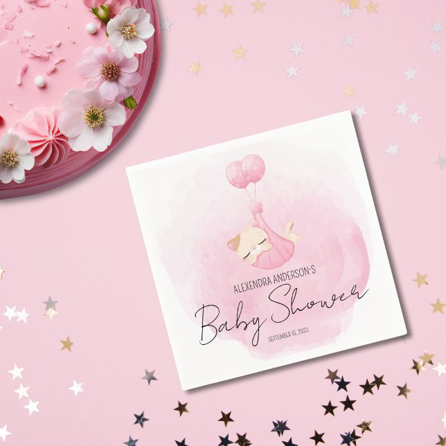  Cute Pink Watercolor Kitten Baby Girl Shower Napkin (Creator Uploaded)
