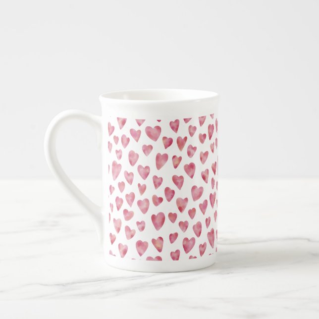 Cute Pink Watercolor Love Heart Pattern Bone China Mug (Left)