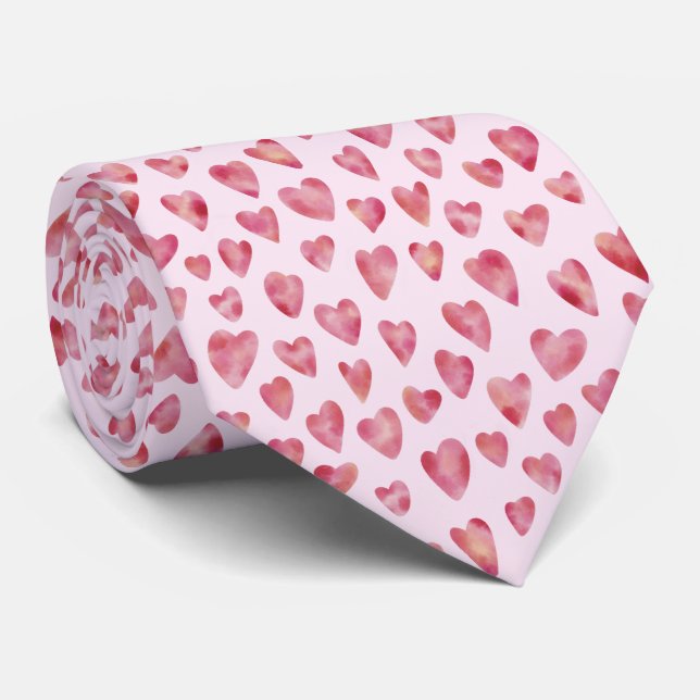 Cute Pink Watercolor Love Heart Pattern Tie (Rolled)