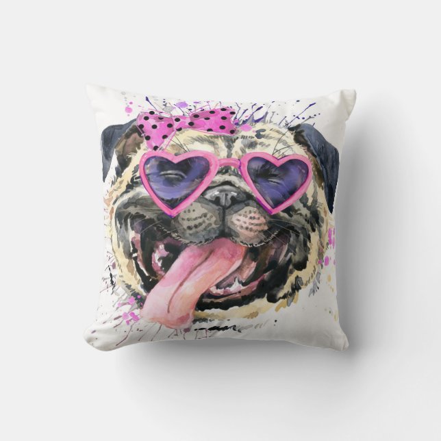 Cute Pink Watercolor Pug Cushion (Front)