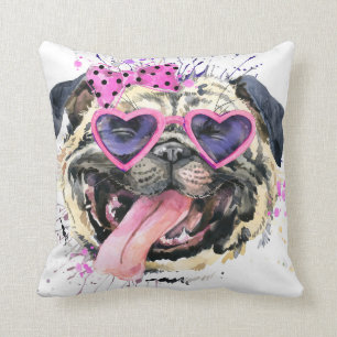 Cute Pink Watercolor Pug Cushion