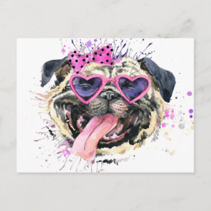 Cute Pink Watercolor Pug Postcard