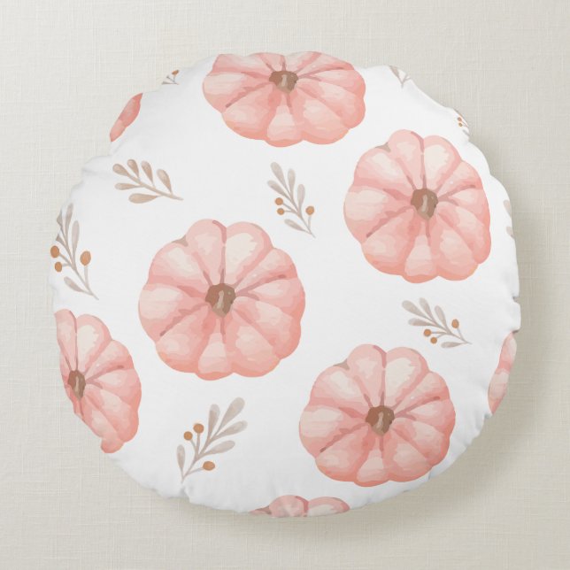Cute Pink Watercolor Pumpkin Flower Round Cushion (Front)