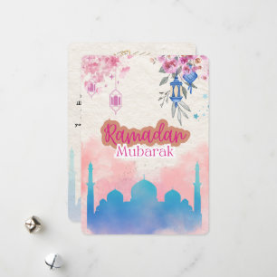 Cute Pink Watercolor Ramadan Mubarak Customisable Holiday Card