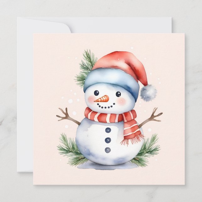 Cute Pink Watercolor Snowman Christmas Holiday Card (Front)