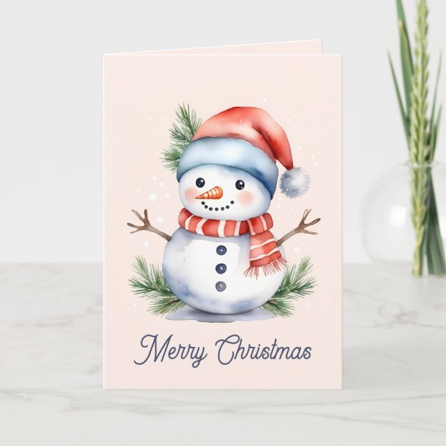 Cute Pink Watercolor Snowman Christmas Holiday Card (Front)
