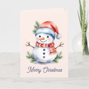 Cute Pink Watercolor Snowman Christmas Holiday Card