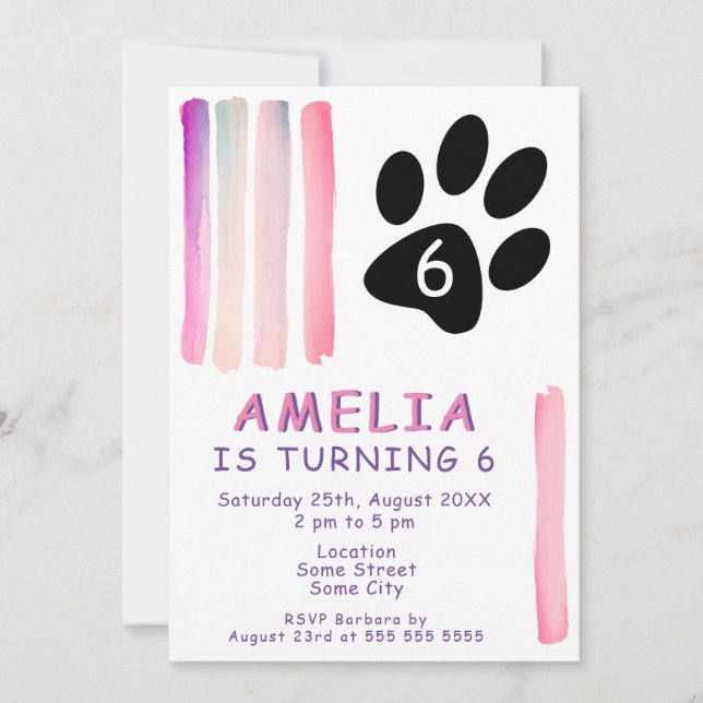 Cute Pink Watercolor Strokes Kids Birthday Party Invitation (Front)