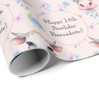Cute Pink Watercolor Style Cow Farm Animal Text Wrapping Paper