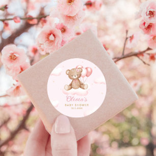 Cute Pink Watercolor Teddy Bear Boho Baby Shower Classic Round Sticker