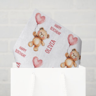 Cute Pink Watercolor Teddy Bear Happy Birthday Tissue Paper