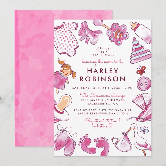 Cute Pink Watercolor Toys | Baby Girl Baby Shower  Invitation (Front/Back)
