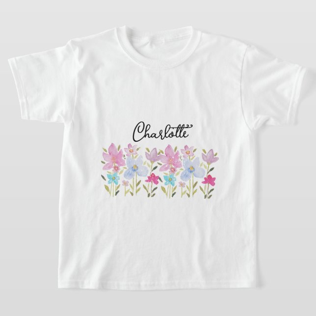 Cute Pink Watercolor Wildflowers Monogrammed T-Shirt (Laydown)