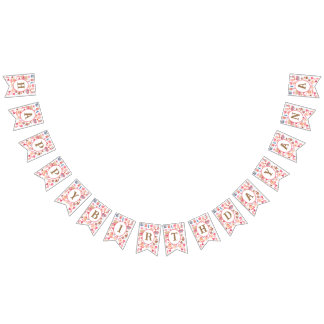 Cute pink watercolor with teddy bear and heart  bunting 