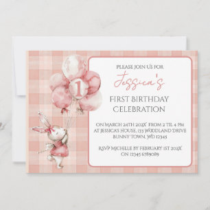 Cute Pink Watercolour Bunny 1st Birthday Party Invitation
