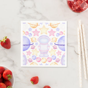 Cute Pink Watercolour Space Astronauts Birthday Napkin
