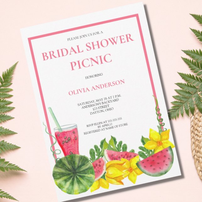 Cute Pink Watermelon Bridal Shower Picnic  Invitation (Creator Uploaded)