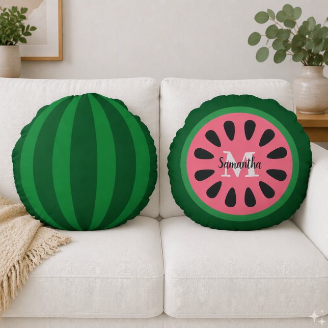 Cute Pink Watermelon Monogram Round Cushion (Creator Uploaded)