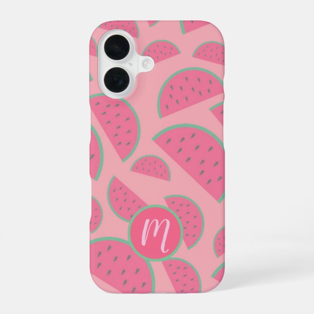 Cute Pink Watermelon Pattern Monogram iPhone 16 Case (Back)