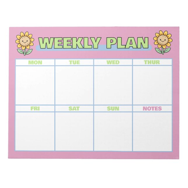 Cute Pink Weekly Plan With Sunflowers Notepad (Front)