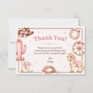 Cute Pink Western Cowgirl Horse Birthday Thank You Card