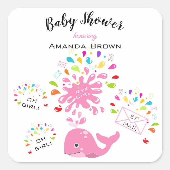 Cute Pink Whale Colourful Girl Baby Shower By Mail Square Sticker (Front)