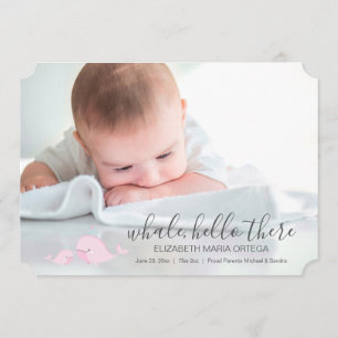 Cute Pink Whale Hello There Baby Announcement