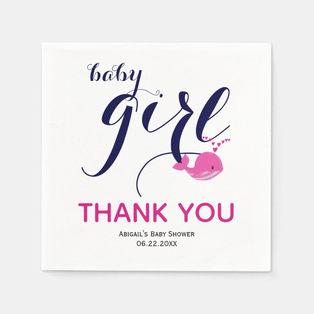 Cute pink whale ocean Thank You Baby Girl Shower Napkin (Front)