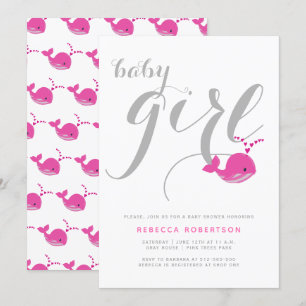 Cute pink whale typography baby girl shower invitation
