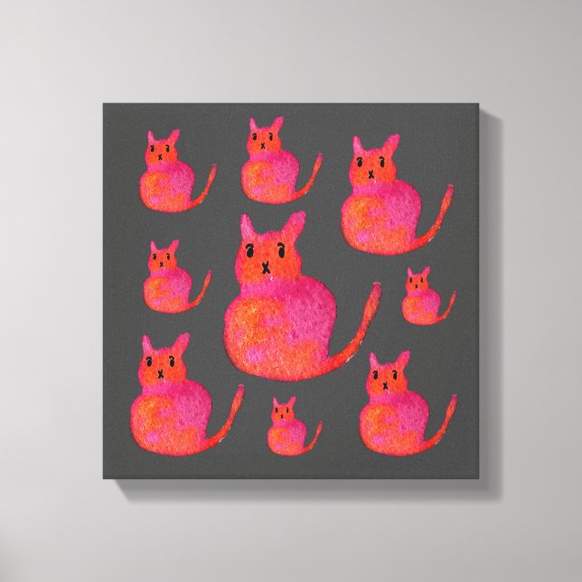 Cute pink whimsical cat watercolor illustration canvas print (Front)