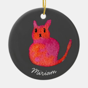 Cute pink whimsical cat watercolor illustration ceramic tree decoration