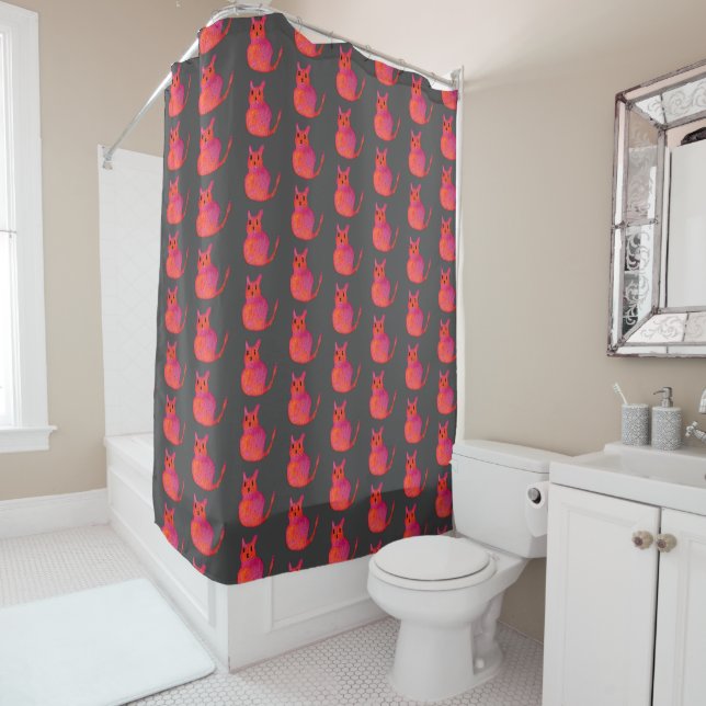 Cute pink whimsical cat watercolor illustration shower curtain (In Situ)