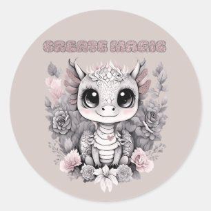 Cute Pink Whimsical "Create Magic" Little Dragon  Classic Round Sticker