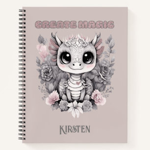Cute Pink Whimsical "Create Magic" Little Dragon Notebook