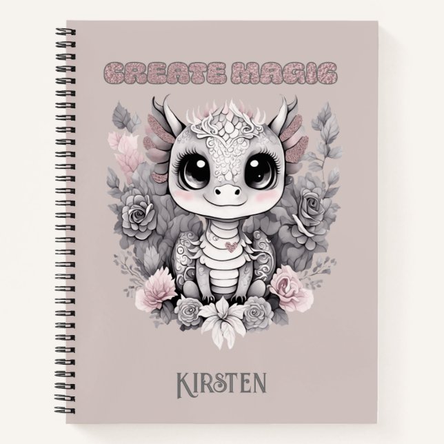 Cute Pink Whimsical "Create Magic" Little Dragon  Notebook (Front)
