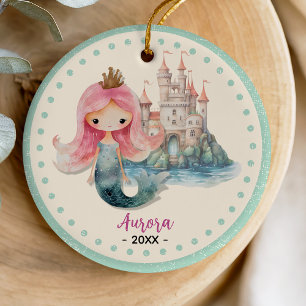 Cute Pink Whimsical Mermaid Christmas Keepsake Ceramic Tree Decoration