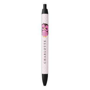 Cute Pink Whimsical Owl Black Ink Pen