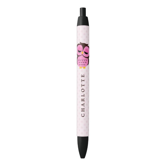 Cute Pink Whimsical Owl Black Ink Pen (Front Vertical)