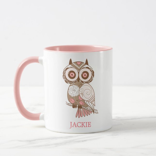 Cute Pink Whimsical Owl Personalised Mug (Left)