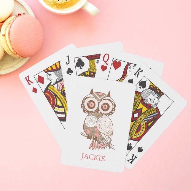 Cute Pink Whimsical Owl Personalised Playing Cards (Creator Uploaded)