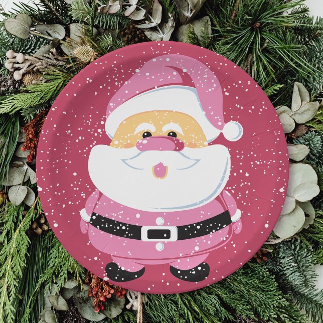 Cute pink whimsical Santa Claus Christmas Paper Plate (Creator Uploaded)