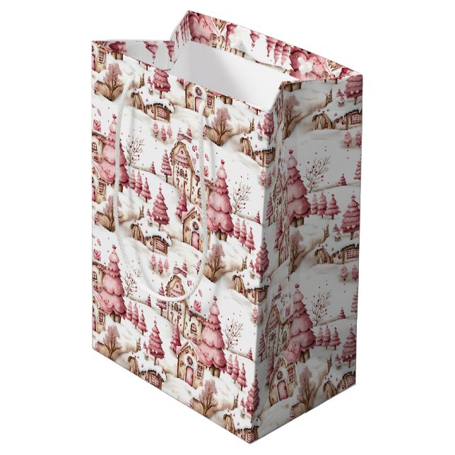 Cute Pink Whimsical Snowy Christmas Pattern Medium Gift Bag (Back Angled)