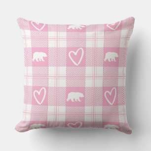 Cute Pink & White Bear and Heart Flannel Plaid Cushion