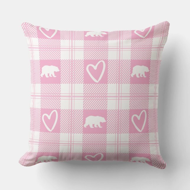 Cute Pink & White Bear and Heart Flannel Plaid Cushion (Front)