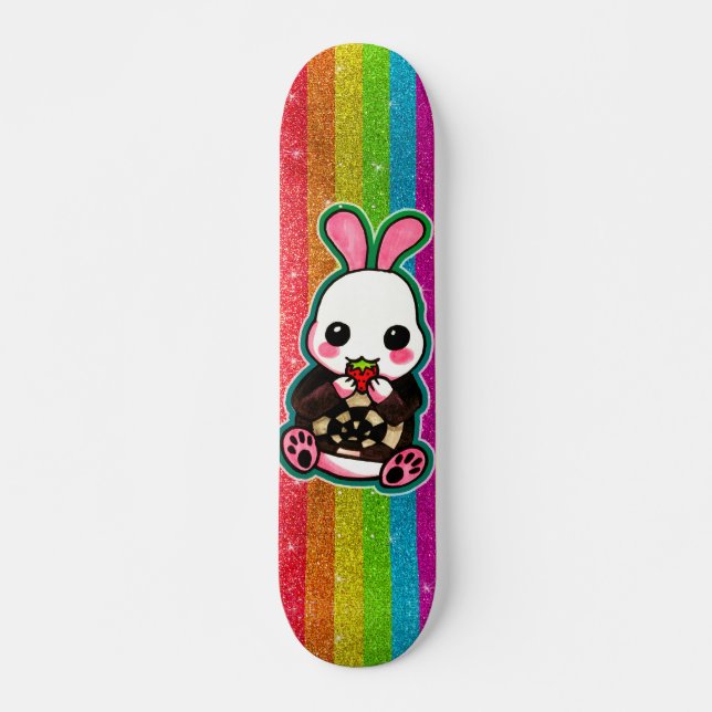 Cute Pink & White Bunny Rabbit Rainbow Glitter Skateboard (Front)