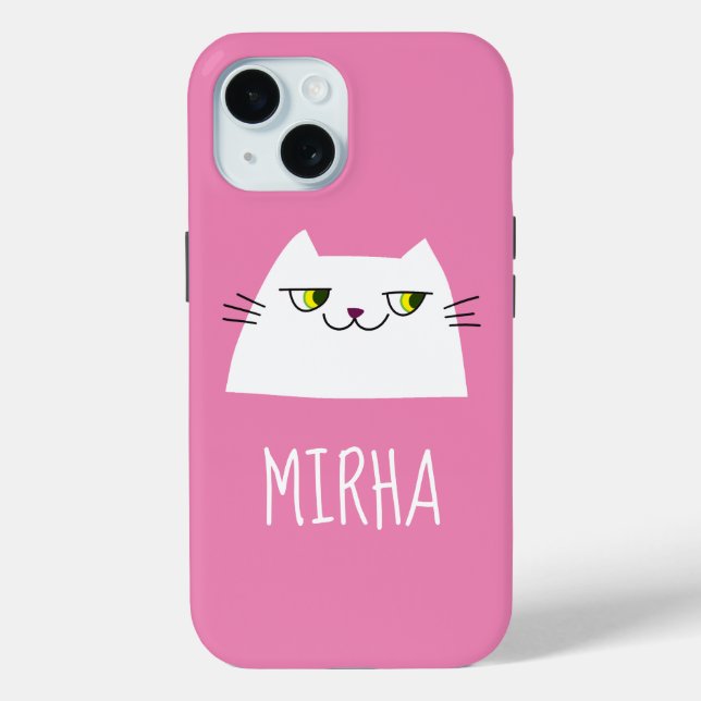 Cute Pink White Cat iPhone Case Custom Name (Back)
