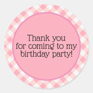 Cute Pink White Chequered Gingham Birthday Thank Classic Round Sticker