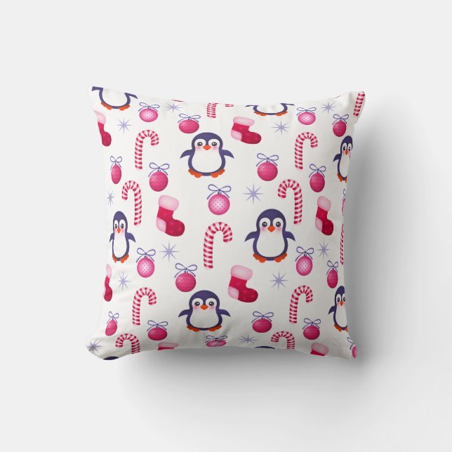 Cute  Pink & White Christmas Pattern with Penguins Cushion (Front)