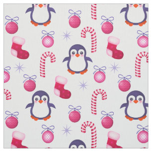 Cute Pink & White Christmas Pattern with Penguins Fabric